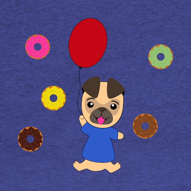 Flying pug dog on a balloon with donuts in the magical sky by Ralph Hovsepian